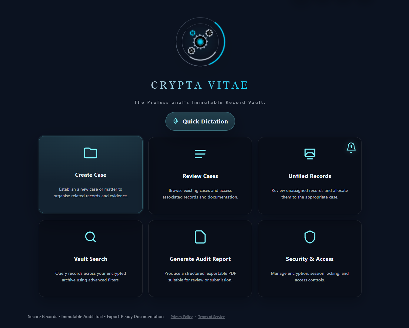 Crypta Vitae app screenshot showing the dashboard and encrypted record management interface